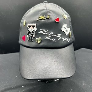 NWT Karl Lagerfeld Paris Hat Black Faux Leather Multiple Signature Embellishment